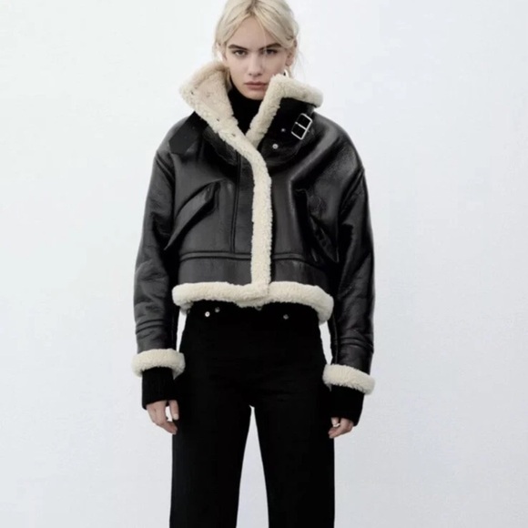 Zara Jackets & Blazers - ZARA faux leather fleece collar jacket / leather Fleece Moto CEO Jacket SMALL